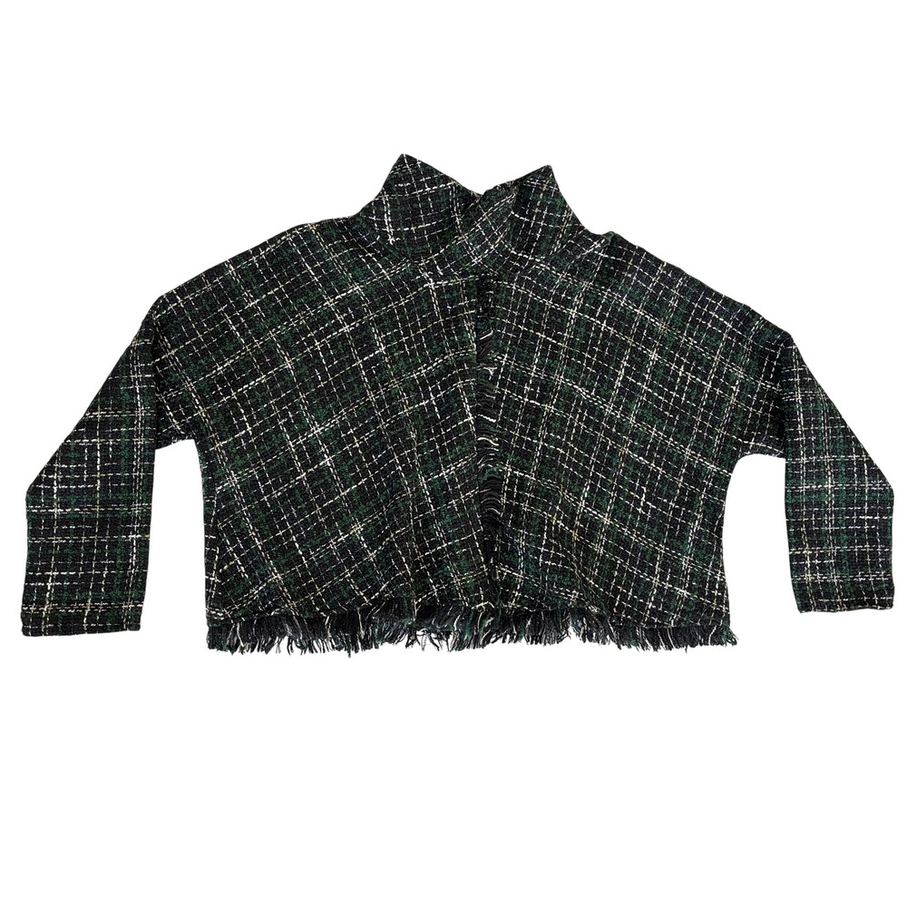 Zara Black Green Plaid Tweed Cropped Sweater Top Fringe Sz M - Picture 6 of 10